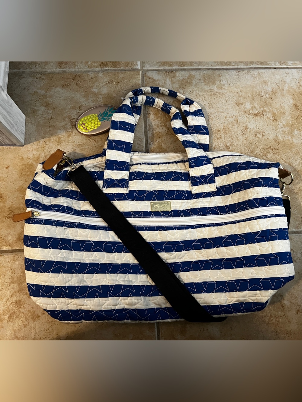 Betsey Johnson Navy and White Quilted Striped Travel Weekender Bag